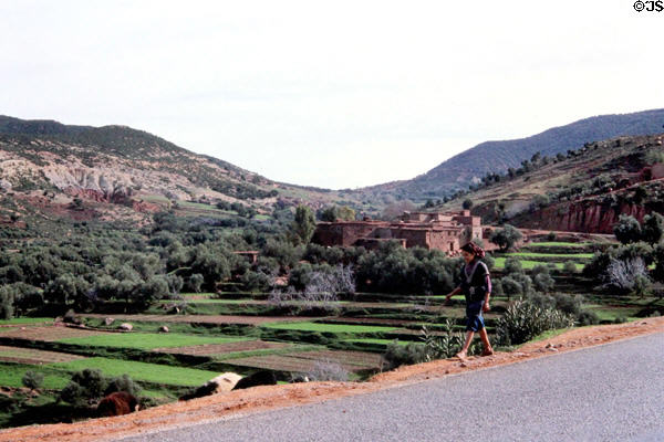 Structure & terraced fields on road from Marrakesh to Tizi-n-Tichka. Morocco.