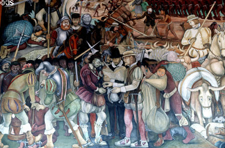 Detail of mural (1929-35) of arrival of Hernán Cortés & Spanish conquistadors by Diego Rivera in Palacio Nacional. Mexico City, Mexico.