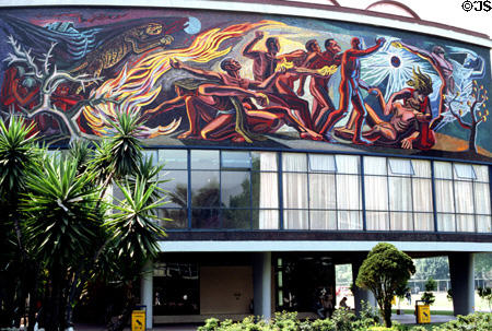 Mosaics on a building in Ciudad Universitaria, University City in Mexico City. Mexico City, Mexico.