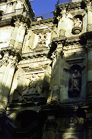 Relief sculptures on facade of Cathedral in Oaxaca. Mexico.