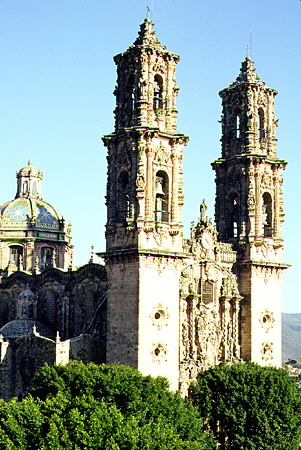 Twin towers of Iglesia de Santa Prisca in Taxco. Mexico.