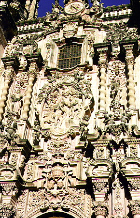 Detail of ornate architecture on Iglesia de Santa Prisca in Taxco. Mexico.