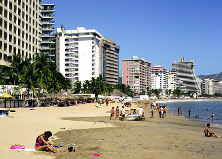 Hotels line beach in Acapulco. Mexico.