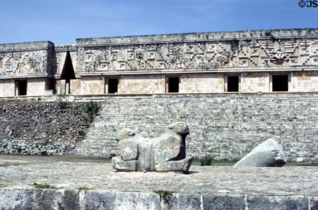Double-headed jaguar, which may have acted as a throne, in front of Governor's Palace at Uxmal. Mexico.