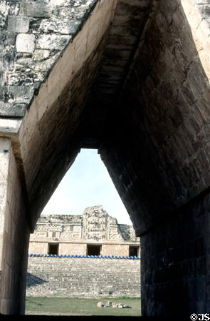 Looking through triangular arch towards Nunnery Quadrangle at Uxmal. Mexico.