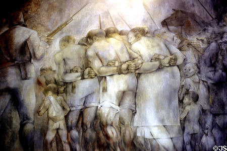 Mural of citizens enslaved before Mexican revolution by Fernando Castro Pacheco at Mérida Government Palace. Mexico.