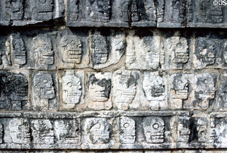 Skulls carved into Ball Court walls at Chichén Itzá inspired players to win or die. Mexico.