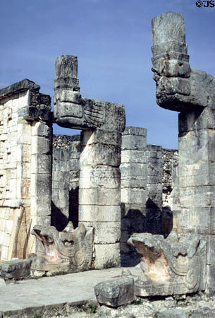 Two large stone serpents guard Temple of Warriors at Chichén Itzá. Mexico.