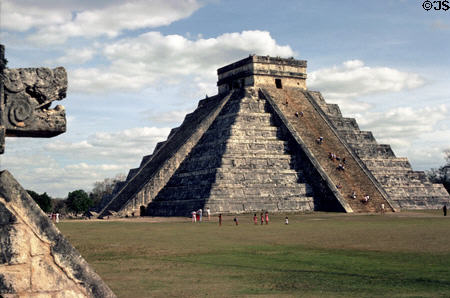 Pyramid of Kukulkán or El Castillo as seen from Ball Court in Chichén Itzá. Mexico.