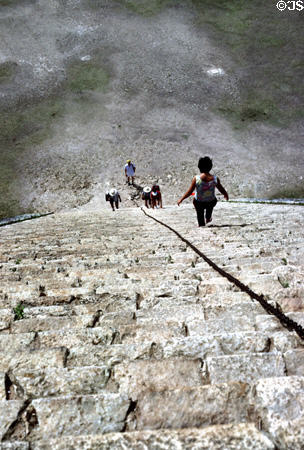 Steep steps up Pyramid of Kukulkán or El Castillo at Chichén Itzá. Mexico.