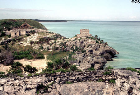 View of Caribbean Sea from ruins of Mayan fortified town at Tulum. Mexico.