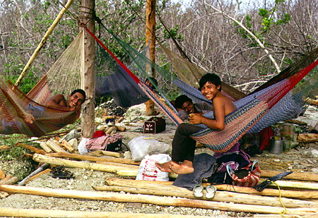Mexican workers at rest in hammocks in Yucatan. Mexico.