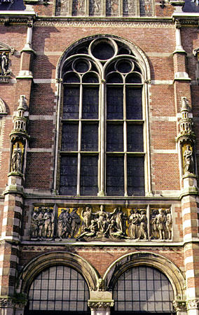 Detail of facade over entrance of Rijksmuseum. Amsterdam, Netherlands.