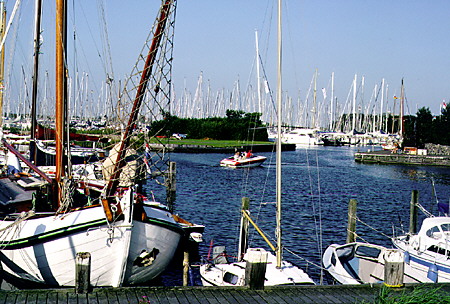 Boats in a Hindeloopen harbor. Hindeloopen, Netherlands.