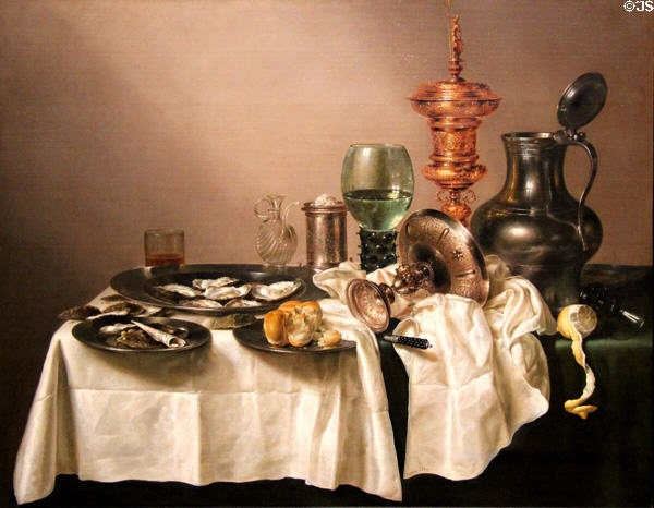 Still life with gilt cup painting (1635) by Willem Claesz Heda at Rijksmuseum. Amsterdam, NL.