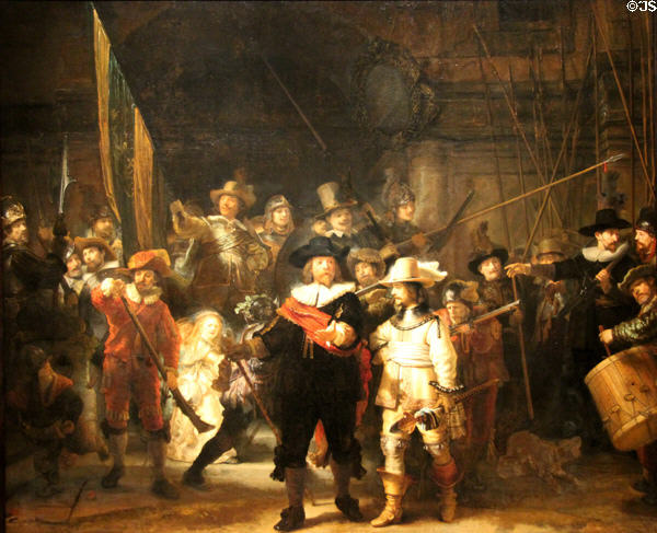 Militia Company of District II under Command of Captain Frans Banninck Cocq (aka Night Watch) painting (1642) by Rembrandt van Rijn at Rijksmuseum. Amsterdam, NL.