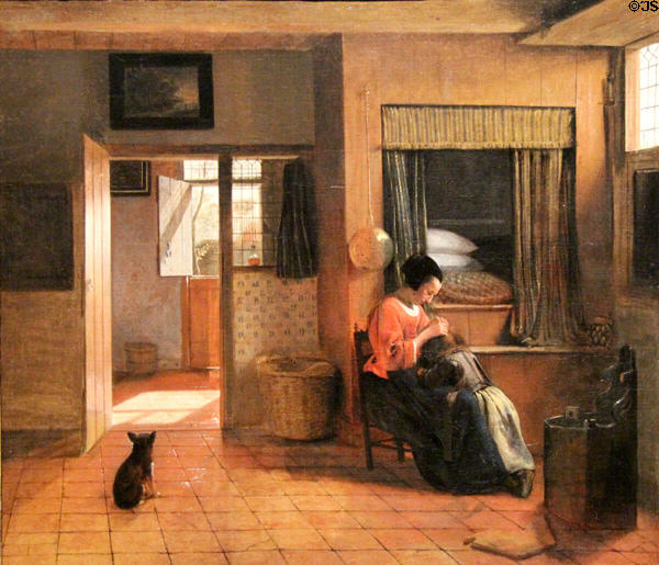 Mother delousing her child's hair (aka A Mother's Duty) painting (c1658-60) by Pieter de Hooch at Rijksmuseum. Amsterdam, NL.