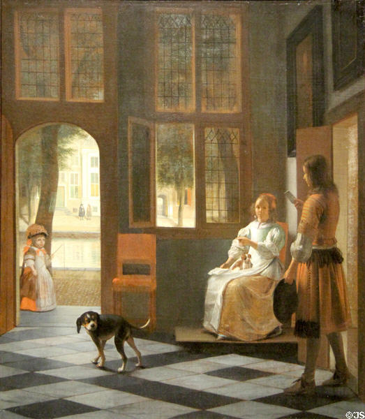 Man handing a letter to a woman in entrance hall of a house painting (1670) by Pieter de Hooch at Rijksmuseum. Amsterdam, NL.