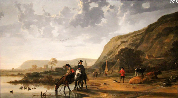 River landscape with riders painting (1653-7) by Aelbert Cuyp at Rijksmuseum. Amsterdam, NL.