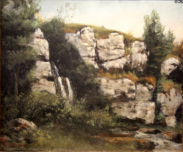 Landscape with rocky cliffs & waterfall painting (1872) by Gustave Courbet at Rijksmuseum. Amsterdam, NL.
