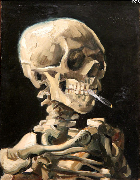 Head of skeleton with burning cigarette painting (1886) by Vincent van Gogh at Van Gogh Museum. Amsterdam, NL.