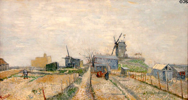 Montmartre: windmills & allotments painting (1887) by Vincent van Gogh at Van Gogh Museum. Amsterdam, NL.