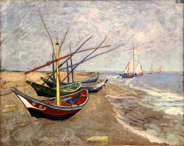 Fishing boats on beach at Les Saintes-Maries-de-la-Mer painting (1888) by Vincent van Gogh at Van Gogh Museum. Amsterdam, NL.