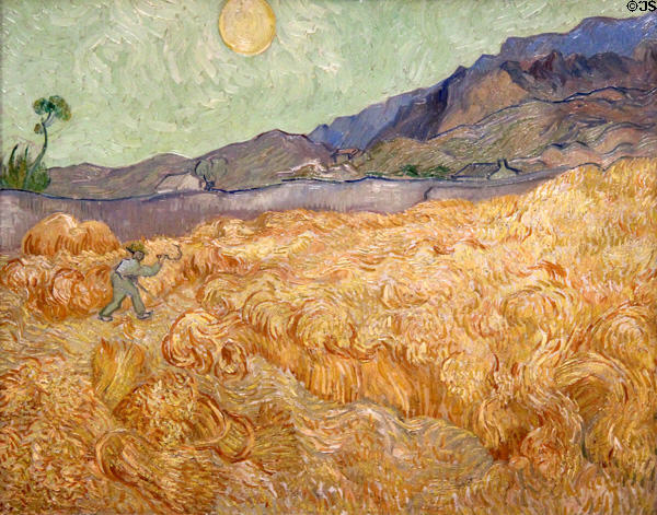 Wheatfield with reaper painting (1889) by Vincent van Gogh at Van Gogh Museum. Amsterdam, NL.