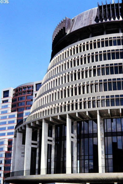 Parliament Beehive (1977) executive building. Wellington, New Zealand. Style: Modern. Architect: Basil Spence.
