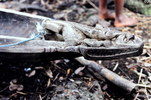 Carved canoe spirit head in Mendam. Papua New Guinea.