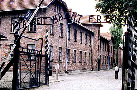 Arbeit Macht Frei gate at entrance to Auschwitz (Osweicim) concentration camp. Poland.