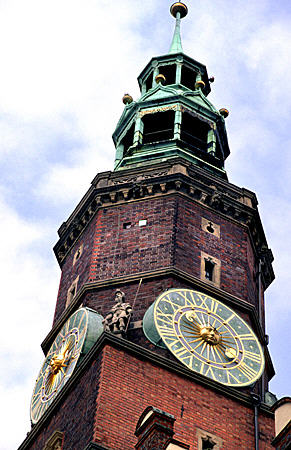 Detail of clock tower of Town Hall, Wroclaw. Poland.