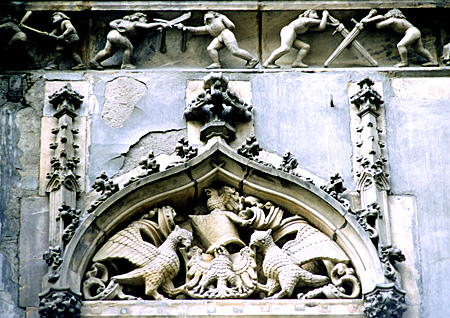 Crest & sword fighters on Wroclaw Town Hall. Poland.