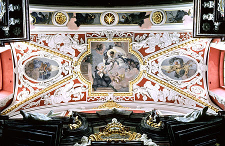 Brightly painted ceiling arch of St Stanislaw, Poznan. Poland.