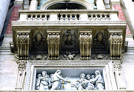Detail of papal balcony over main entrance of St Peter's Church, Vatican. Vatican City.