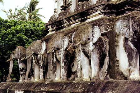 Elephant sculptures on the exterior of Wat Chiang Man, the oldest wat in Chiang Mai. Thailand.