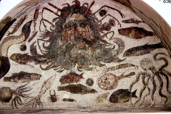 Roman mosaic tile floor (2ndC) of Neptune surrounded by sea creatures at Sousse Archeological Museum. Sousse, Tunisia.
