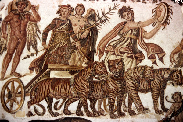 Roman mosaic tile floor (3rd C) of tigers pulling chariot of Dionysus at Sousse Archeological Museum. Sousse, Tunisia.
