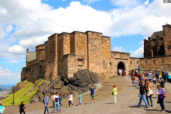 Early perimeter walls (1660-85) of Edinburgh Castle marked by Foog's Gate. Edinburgh, Scotland.