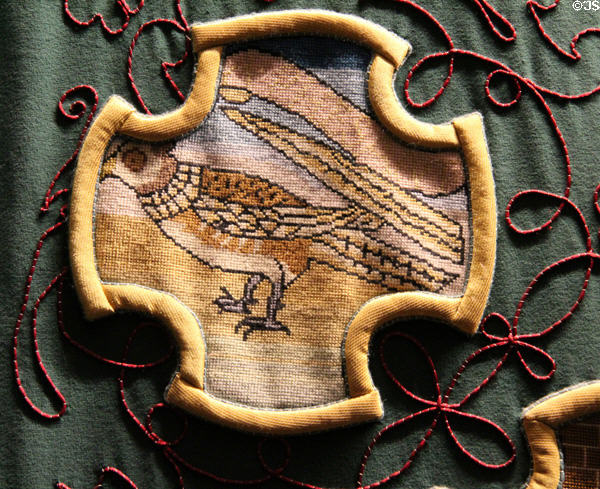 Detail of replica of embroidery by Mary Queen of Scots made during her exile in England at royal apartments at Edinburgh Castle. Edinburgh, Scotland.