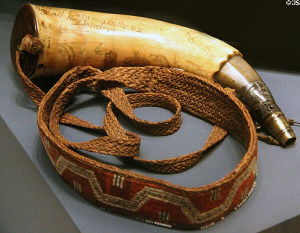 Powder horn with Indian strap decorated (1750s) by two Scots serving in North America during French & Indian Wars at National War Museum of Scotland. Edinburgh, Scotland.