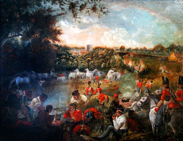 Scots Greys in Bivouac painting (1815) by James Howe shows Dragoons camped night before battle of Waterloo at National War Museum of Scotland. Edinburgh, Scotland.