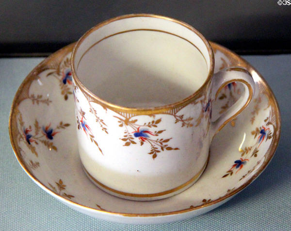 Coffee cup & saucer by Newhall factory of Staffordshire, England at Museum of Edinburgh. Edinburgh, Scotland.
