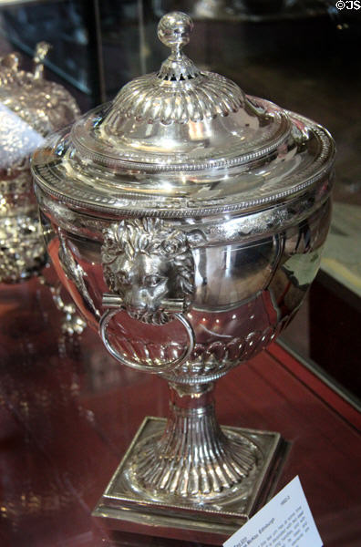 Silver tea urn with lion handles (1802-3) by James McKay of Edinburgh at Museum of Edinburgh. Edinburgh, Scotland.