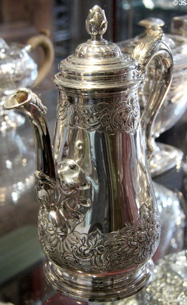 Silver Rococo Revival coffee pot (1832-3) by Elder & Co. of Edinburgh at Museum of Edinburgh. Edinburgh, Scotland.