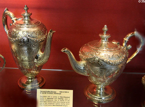 Silver Neoclassical tea & coffee service (1882-4) by G.&M. Crichton of Edinburgh at Museum of Edinburgh. Edinburgh, Scotland.