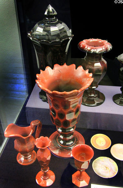 Lithylin & Hyalith Glass (1870-80s) developed in Bohemia marketed in Scotland as Jasper ware at Museum of Edinburgh. Edinburgh, Scotland.