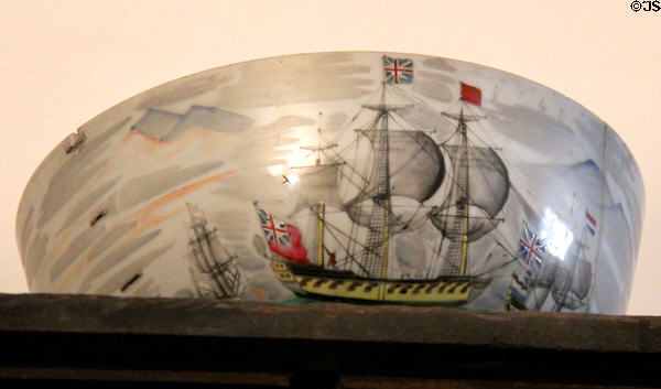 Punchbowl painted with British sailing ship at Gladstone's Land tenement house. Edinburgh, Scotland.