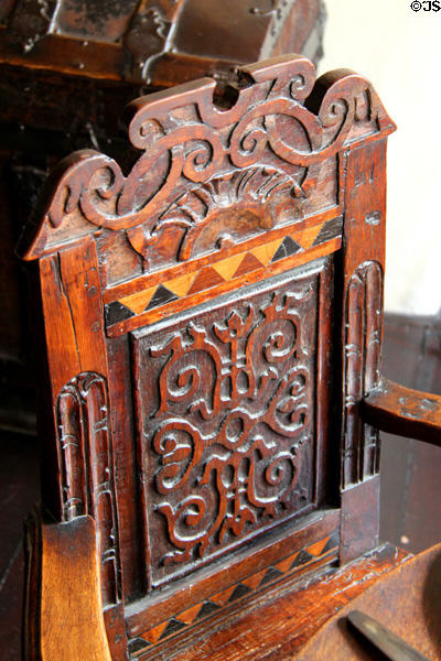 Carved chair back (17thC) in painted chamber at Gladstone's Land tenement house. Edinburgh, Scotland.