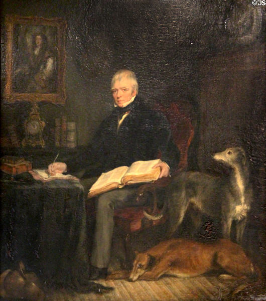 Sir Walter Scott in his study at Abbotsford painting (19thC) by Robert Graves after painting by David Wilkie at Writers' Museum. Edinburgh, Scotland.